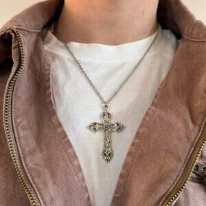 Y2K 2000s Vintage Silver Cross Necklace Unisex Retro Chain Jewelry New